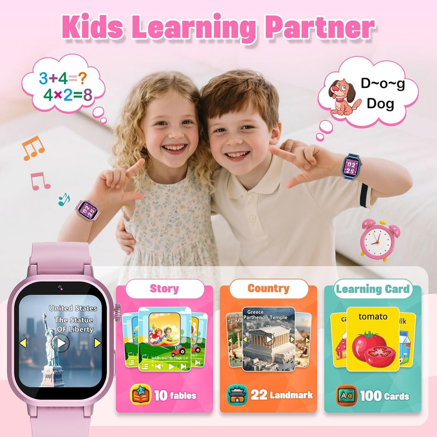 Kids Waterproof Smart Watch Girls Gift Age 3-12 with 39 Game HD Touch Screen Music Player Video Camera Pedometer Alarm Clock Birthday Gift for 6 7 8 9 Year Olds Pink