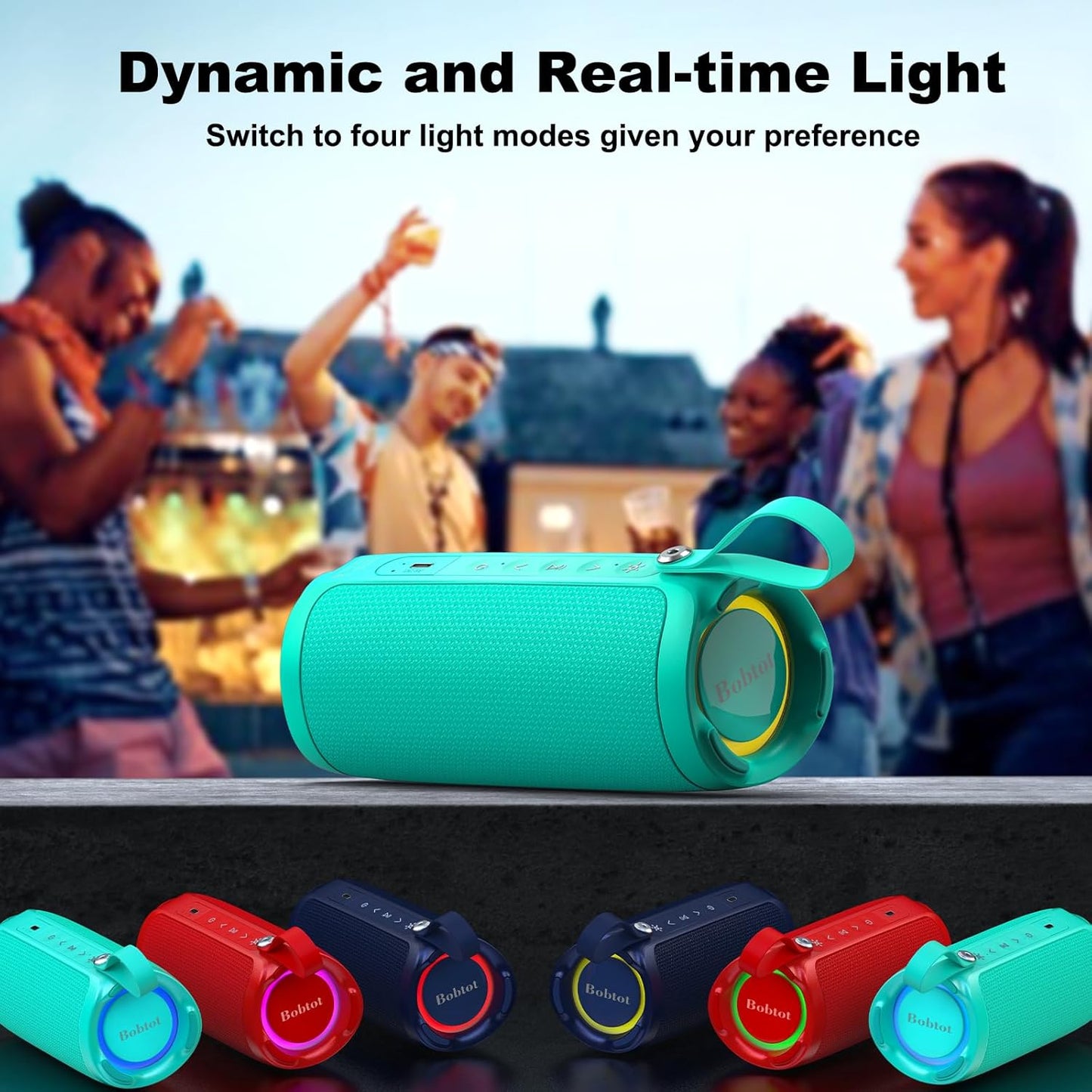 Bobtot Portable Bluetooth Speaker, IPX6 Waterproof Speaker with Punchy Bass, 15W Loud Sound, RGB, 15H Playtime, Dual Pairing for Party, Camping, Beach, Green