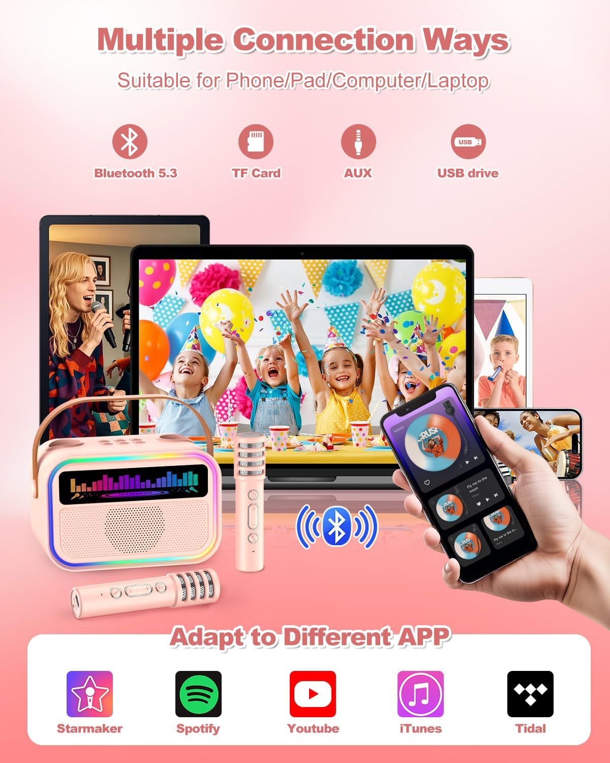 Kids Karaoke Machine for Girls, Kids Toys Gifts for Age 3-12+, Portable Bluetooth Speaker with 2 Wireless Microphones, Toddler Singing Karaoke for Birthday, Family, Home Party (Pink)