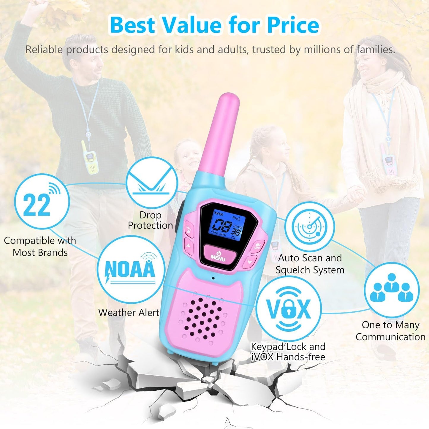 Walkie Talkies for Kids Long Range Walkie-Talkie for Adults Rechargeable 4 Pack with Lanyard 4 Miles NOAA USB, Family Pink 2 Way Radio Toys for 3-12 Year Old Boys Girls Toddlers Camping Skiing