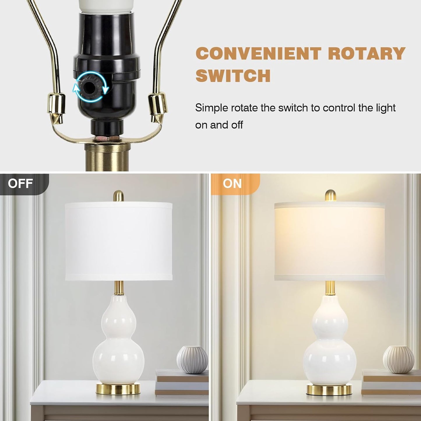 22" Modern Double Gourd Ceramic Table Lamps Set of 2, White Bedside Lamps for Living Room, Contemporary Nightstand Desk Lamps for Bedroom End Table Home Office Decor(2 LED Bulbs Included)