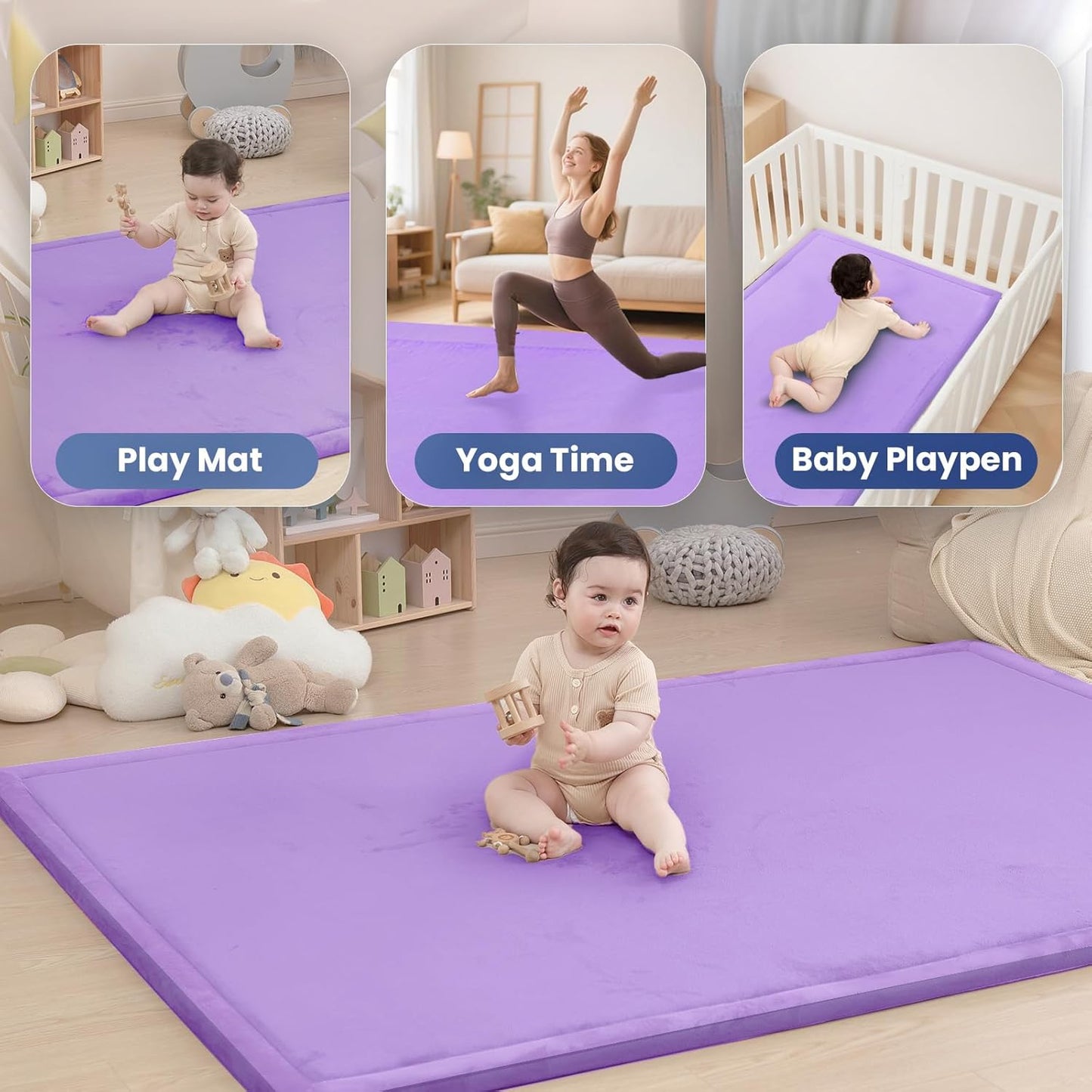 Baby Play Mat for Floor,1.3" Thick Memory foam Tummy Time Mat for Toddlers,Infants,kids,Water-Repellent Soft Nursery Rug,Extra Large Non Slip for Crawling&Yoga,Tatami Style for Living Room(Lavender)