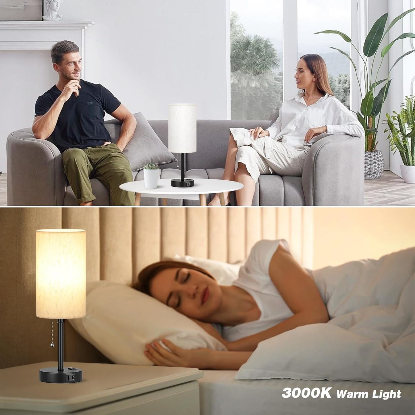 Pull Chain Table Lamp for Bedroom - 3 Color Temperatures, USB A + C Charging, AC Outlet, 17.4 inch Tall Bedside Lamp with E26 LED Bulb