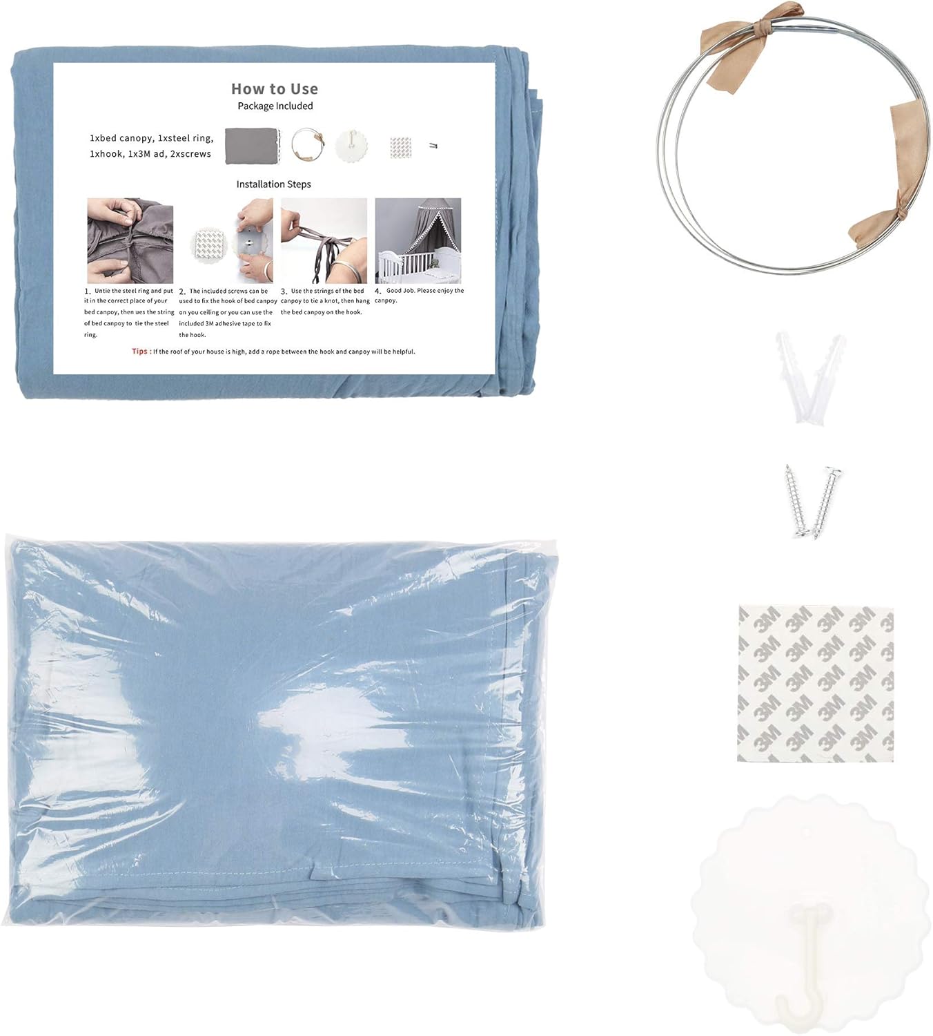 Bed Canopy with Frills Reading Nook Game Tent for Kids Boho Hanging Net Play Room Decor(Blue)