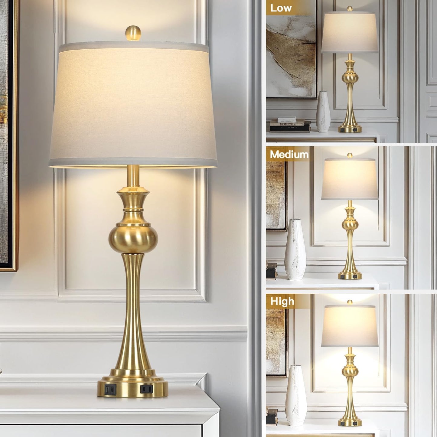 28.75'' Gold Table Lamps for Living Room, 3 Way Touch Control Bedside Lamps with USB A+C Ports & AC Outlets, Modern Metal Nightstand Lamps for Bedroom Living Room Office End Table(Bulb Included)