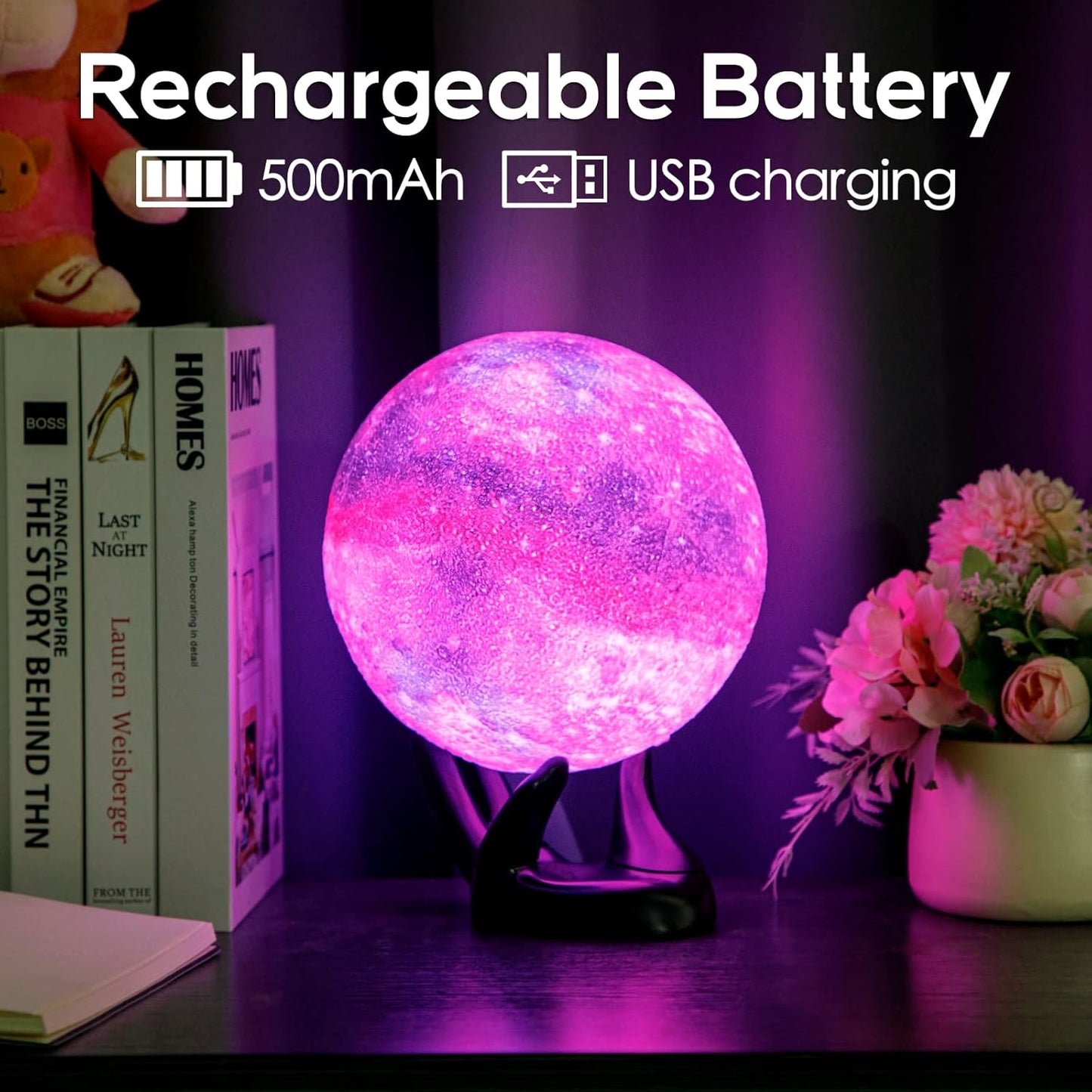 BRIGHTWORLD 7.1inch Galaxy Lamp 16 Colors Moon Lamp 3D Printing, Remote & Touch Control USB Rechargeable, Birthday Gifts for Women Room Decor Aesthetic(Black Hand Base)