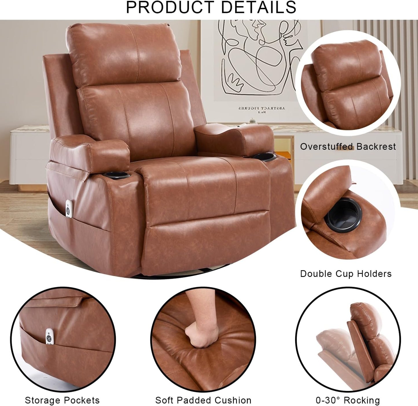 KCQ Electric Massage Recliner Chairs with Heat Overstuffed Faux Leather Power Rocking Reclining Chair with Cup Holders for Adults, Swivel Rocker Recliner Brown