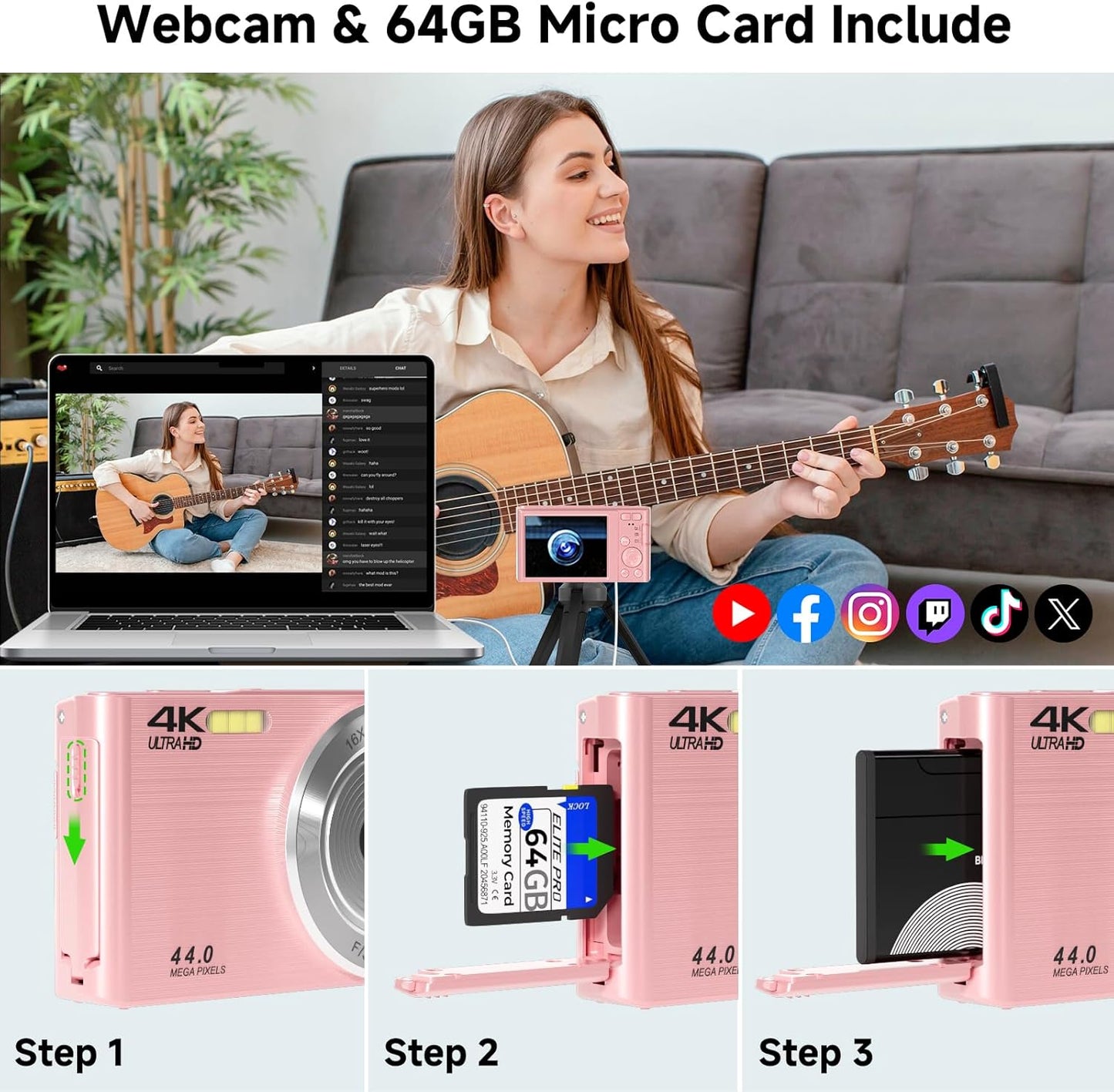 Digital Camera, FHD 4K 44MP Digital Camera, 16X Digital Zoom, Digital Point and Shoot Camera with 3-LED Fill Lights, 64GB SD Card, Compact Camera for Kids Teen Boys Girls, Pink