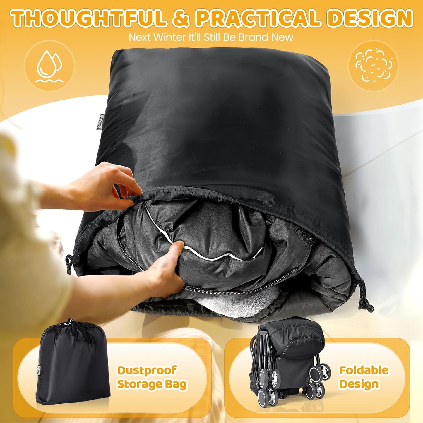 Orzbow Universal Stroller Bunting Bag with Extra Footmuff for Toddler, Kids, Warm Waterproof Stroller Blanket, Winter Cover, Baby Bunting Bag - Protect Babies from Cold Winds, Black