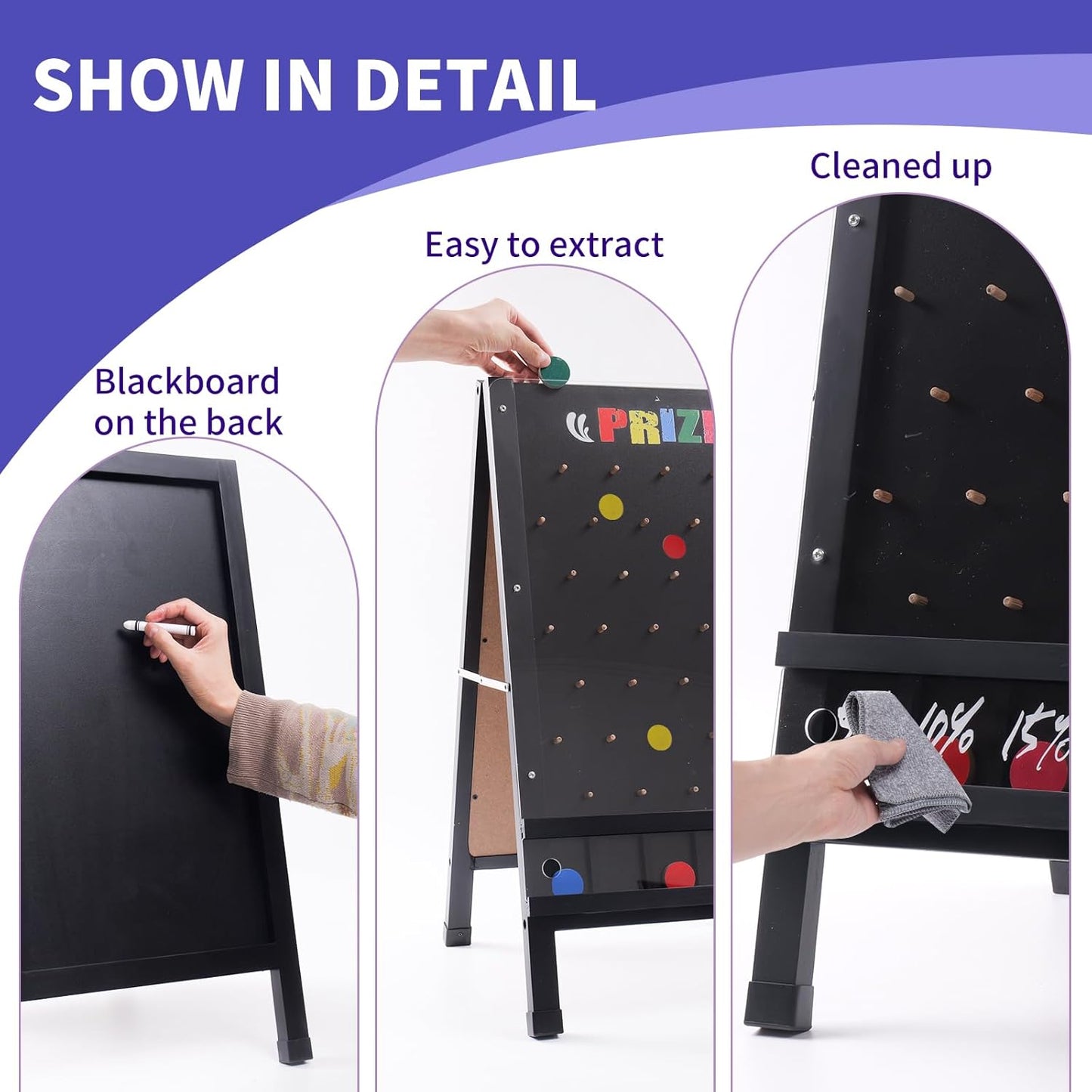 Prize Drop Game Board, 15.7"X27.5" Double-Sided Foldable Design with Wooden A-Frame Chalkboard Sign for Family, Carnival, Trade Show & Party-Includes 10 Coin Drop Discs and Chalk Set, Portable Design