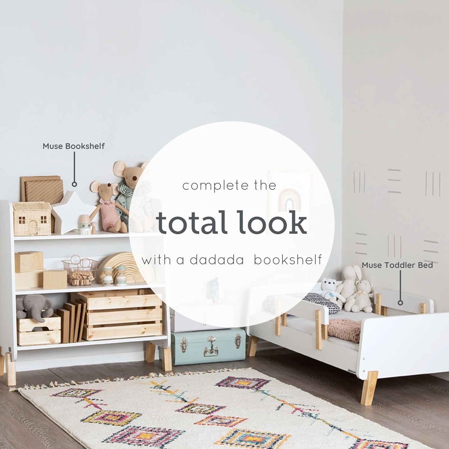 Dadada Muse Toddler Bed with 2 Removable Safety Rails. Low Profile Montessori Bed for Kids. Sturdy Solid Wood Frame, Fits Standard Crib Mattress, Easy to Assemble, Toddler Bed for Boys & Girls - White