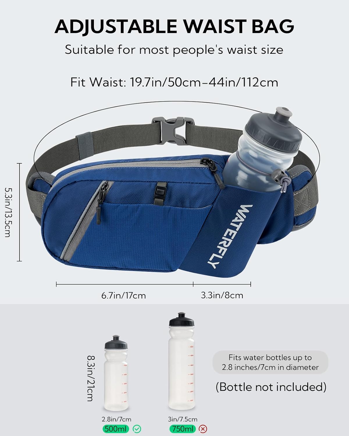 WATERFLY Fanny Pack Waist Bag: Hiking Water Bottle Holder with Strap Waist Pack for Women Men Hydration Hip Packs for Running Walking Traveling-Blue