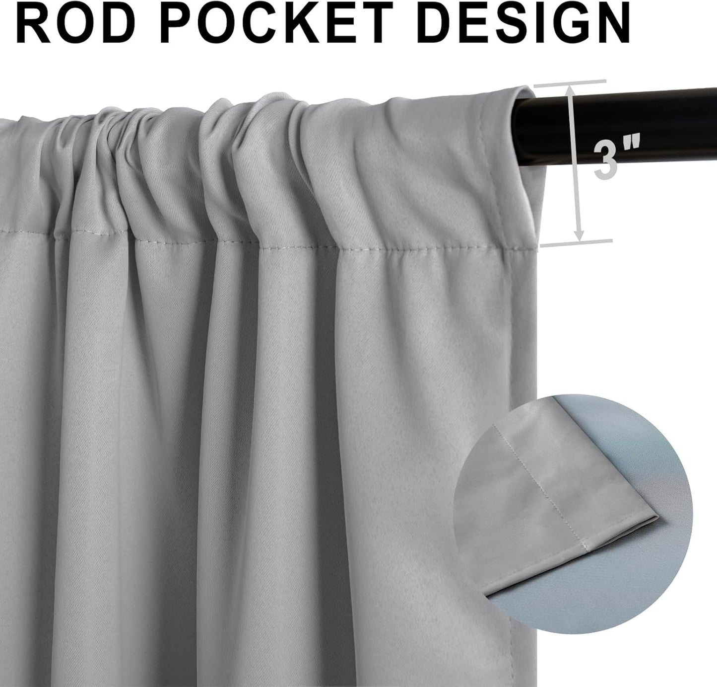 XWZO Complete Blackout Window Curtain Panels with Tiebacks- Rod Pocket Noise Reduction and Light Blocking Grommet Curtains with Black Liner for Studio, Basement Room, Grey, W52 x L54, Set of 2