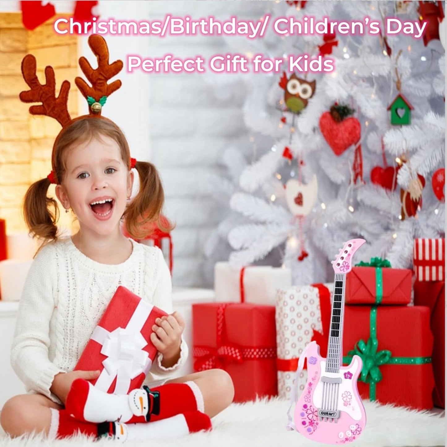 Kids Toddler Baby Childrens Electric Toy Guitar with Strap Ideal for 3 4 5 7 8 Year Old Boys Girls Gifts(Pink)