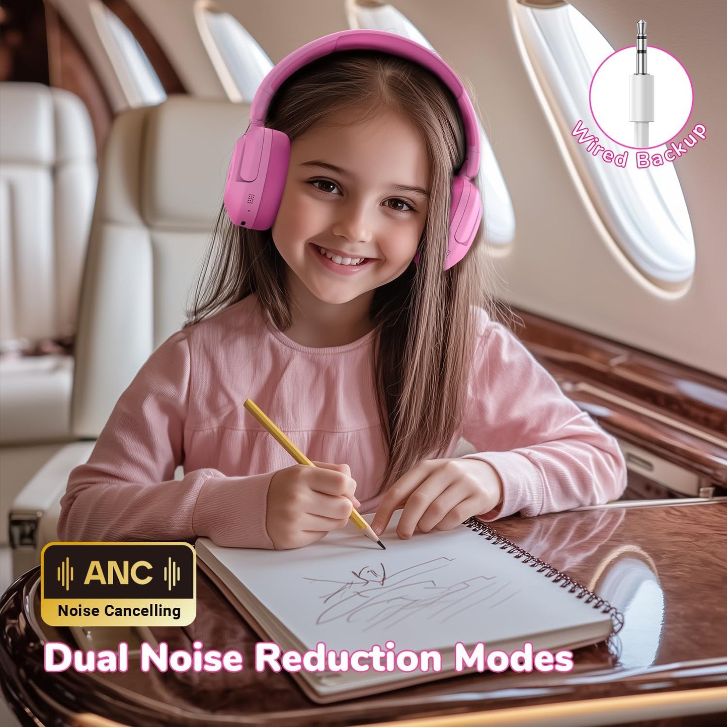 iClever BTH20 Active Noise Cancelling Headphones for Kids, 60H Play Time,Type C Fast Charging, Safe Volume 80dBA, Bluetooth5.4, Award-Winning Kids Headphones Wireless for iPad Tablet Airplane, Pink