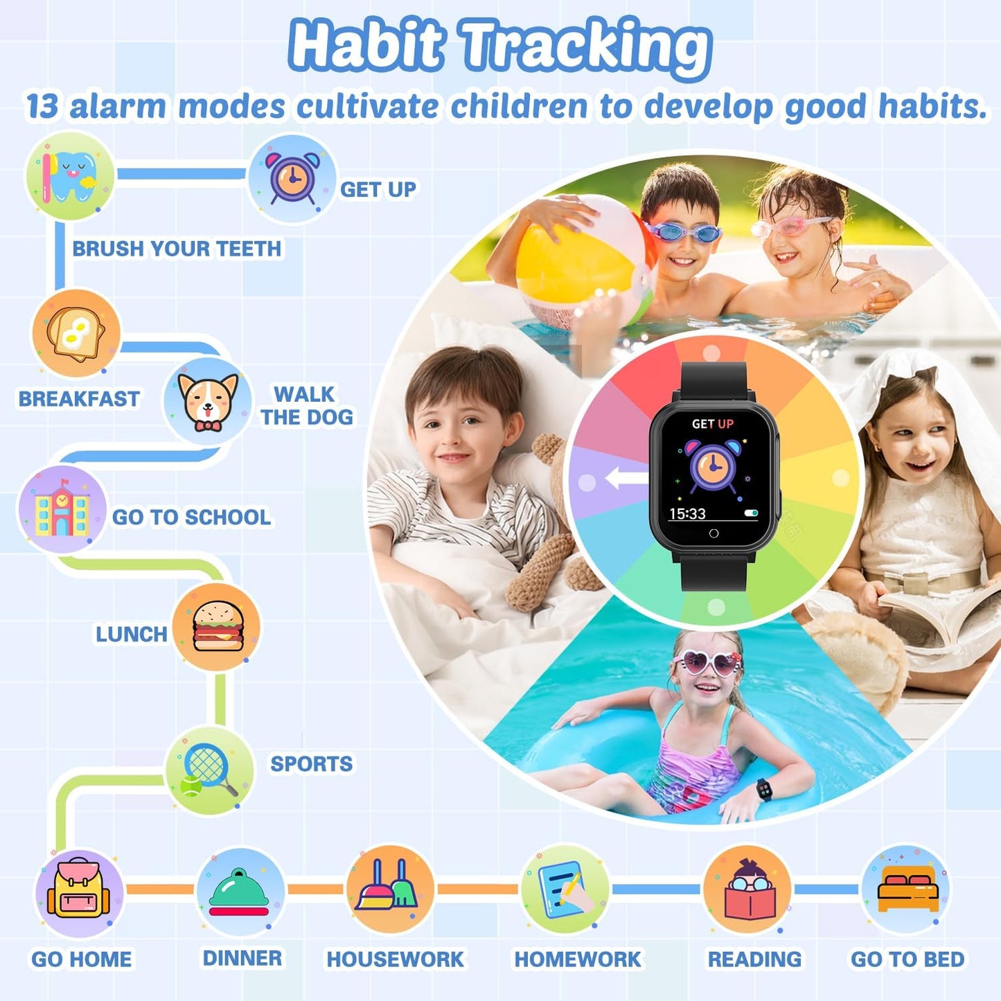 Waterproof Smart Watch for Kids with 32 Games Dual Camera Video Habit Tracking Music Player Pedometer Screen Protectors Lanyard, HD Touchscreen Kids Smart Watch Toy Birthday Gift for 3-12 Year Old