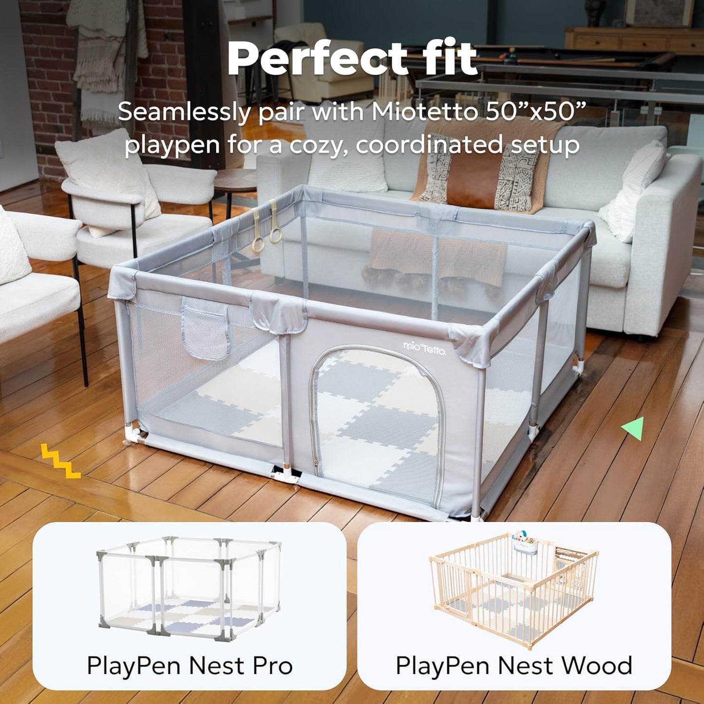 MioTetto Foam Floor Tiles for Kids - Non-Toxic Comfortable Baby Play Mat and Interlocking Foam Tiles, Fits with 50x50 Playpen Mat for Crawling & Development, Soft Play Mat for Babies 6-12 Months