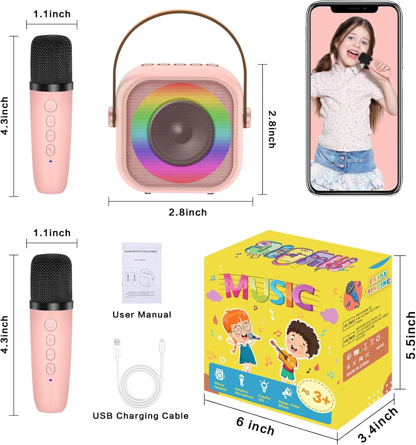 Mini Karaoke Machine for Kids Girls, Kids Karaoke Machine with 2 Wireless Microphones and LED Lights Toys for Christmas Birthday Party, Gifts for 4 5 6 7 8 9 10 11 12 Years