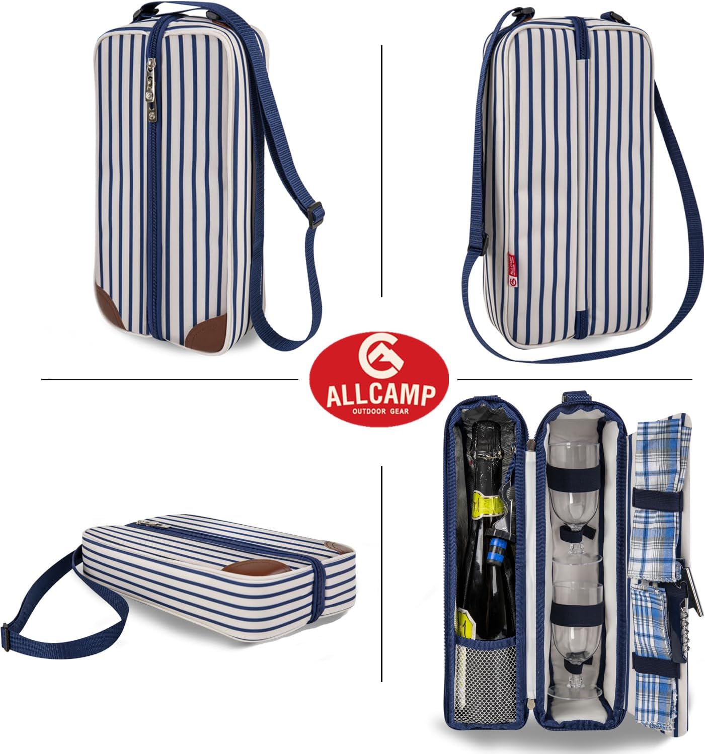 ALLCAMP Wine Tote Bag with Cooler Compartment,Picnic Set Carrying Two Sets of Tableware(Blue Stripe)