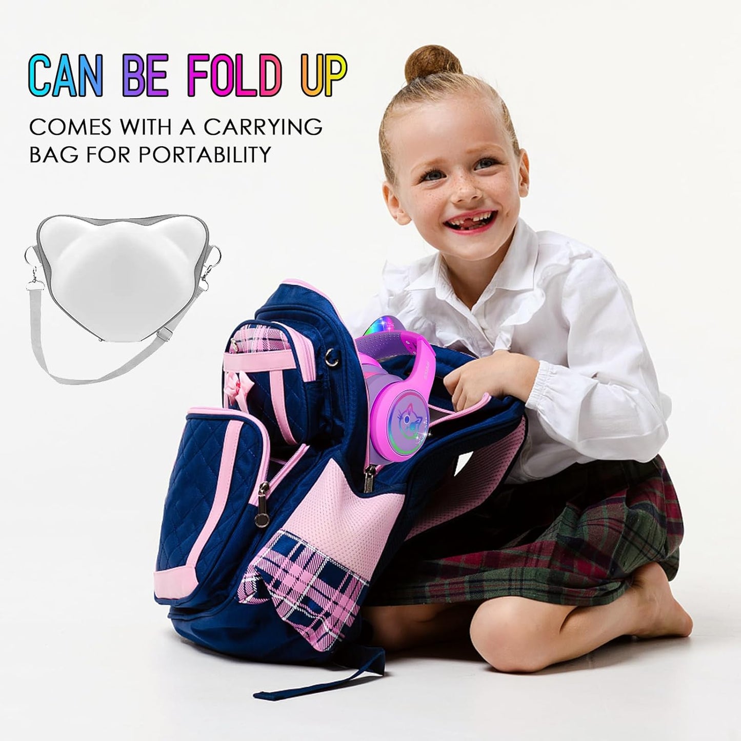 IFECCO Wireless Kids Headphones with Microphone,Foldable Cute Light Up Cat Ear Children Girls Bluetooth Headphones with Case for School Gifts Travel