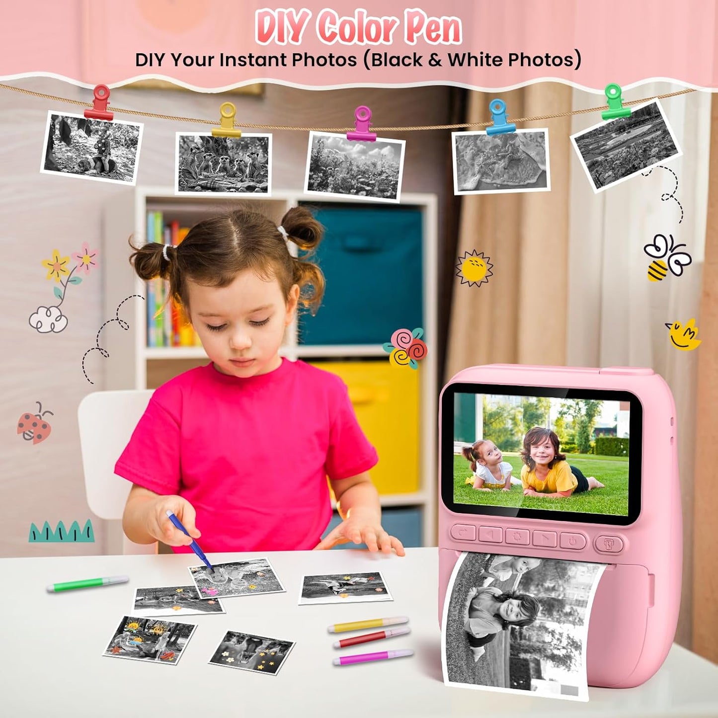 Instant Print Camera for Kids, 3.0" HD 32MP Kids Camera 1080P with 3 Rolls of Printer Paper, Birthday Gifts Toy for 3-12 Year Old Girls Boys with 32GB SD Card-Pink