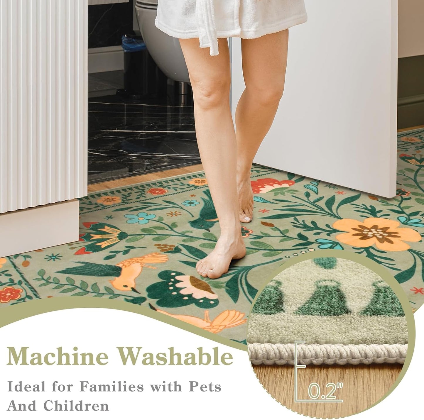 Moynesa Area Rugs 9x12 Living Room Washable, Ultra Thin Soft Boho Bird Bedroom Rug Easy Clean, Low Pile Indoor Multi Color Large Sage Green Carpet for Dining Room Kid Playroom Nursery