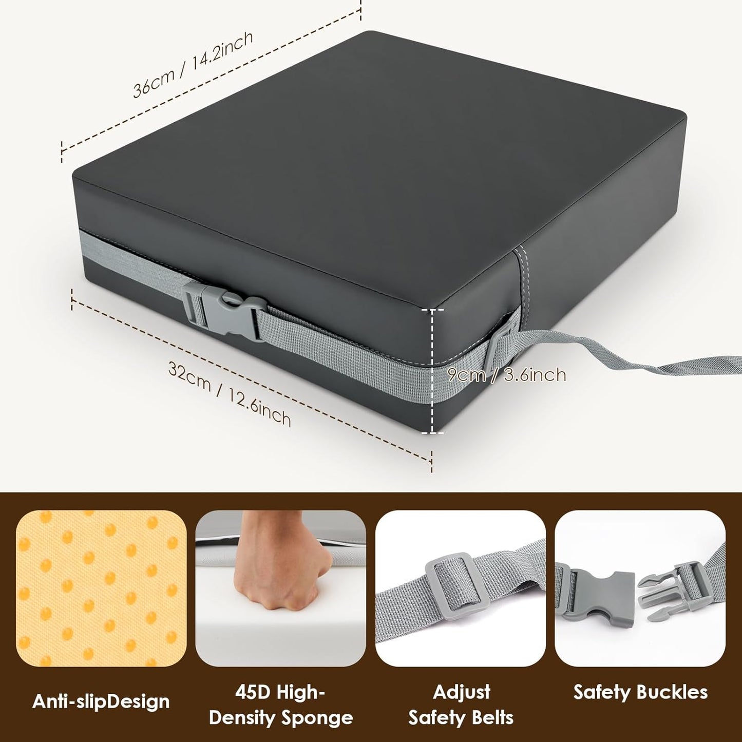 Booster Seat for Kitchen Chair with Comfy Backrest and Adjustable Safety Buckles,Non-Slip Kid Toddler Booster Seat for Dining Table,Portable PU Travel Baby Booster Increasing Cushion Chair