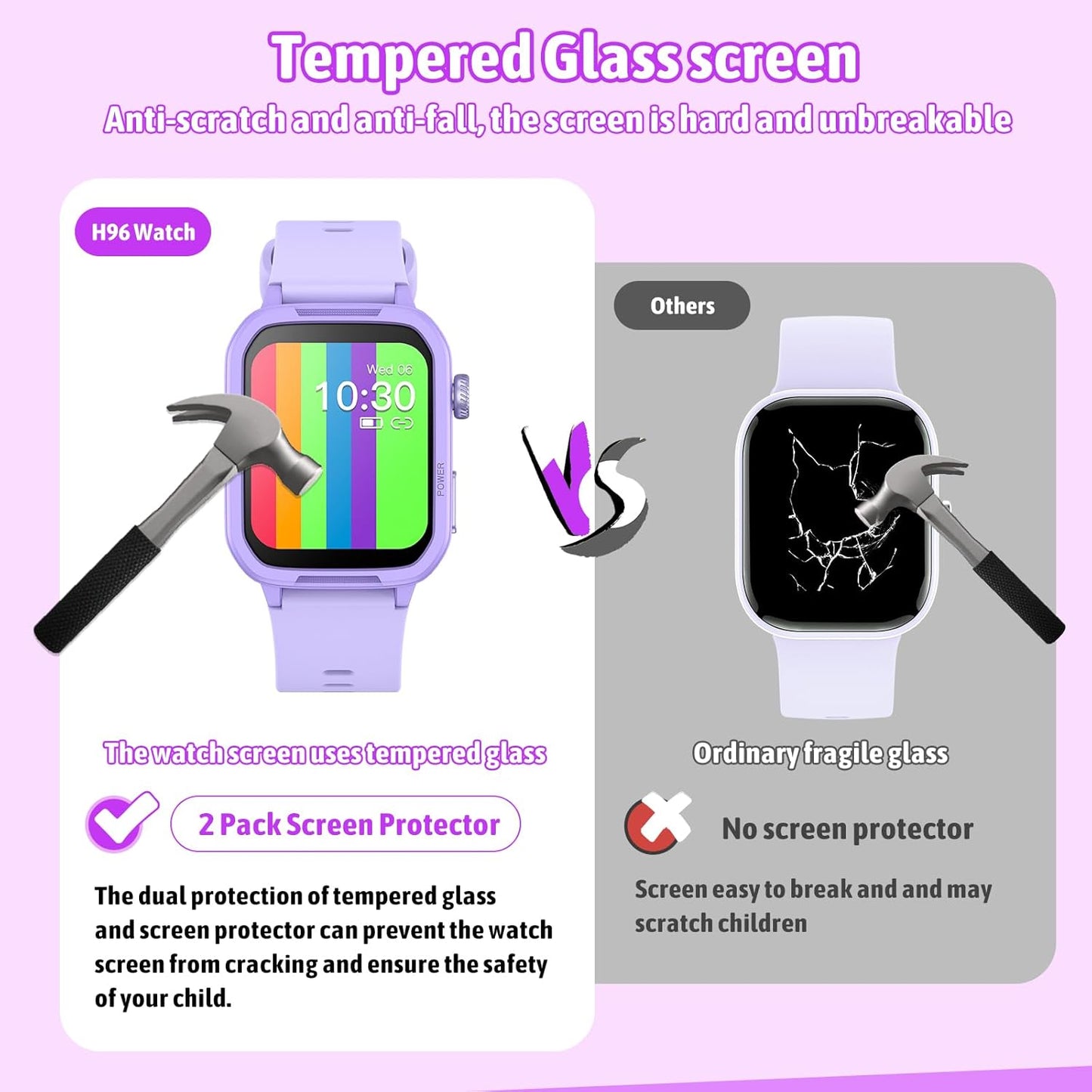 Smart Watch for Kids No Phone Needed, Tempered Glass Fitness Tracker Watch Boy Girl Teens with 19 Sport Modes, Pedometer, Sleep Monitor, Kids Watch Birthday Gifts Toy Gift for Girls Boys 6-16 (Purple)