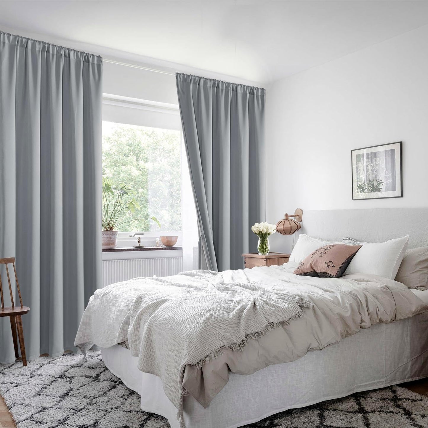 XWZO Total Blackout Curtains 63 Inches Long - Double Layer Full Room Darkening & Energy Efficiency Rod Pocket Window Panels with Tiebacks for Living Room/Bedroom, Grey, W52 x L63, Set of 2