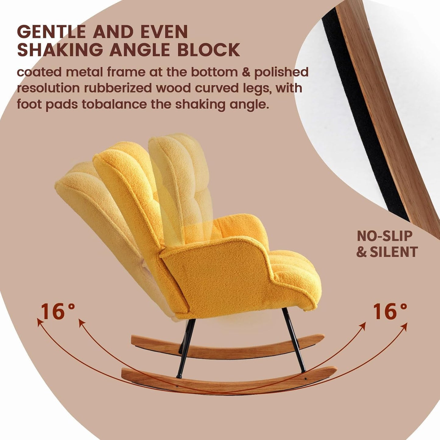Rocking Chair Nursery Teddy Upholstered Glider Rocker Rocking Accent Chair Padded Seat with High Backrest Armchair Comfy Side Chair for Living Room Bedroom Offices (Yellow Teddy)
