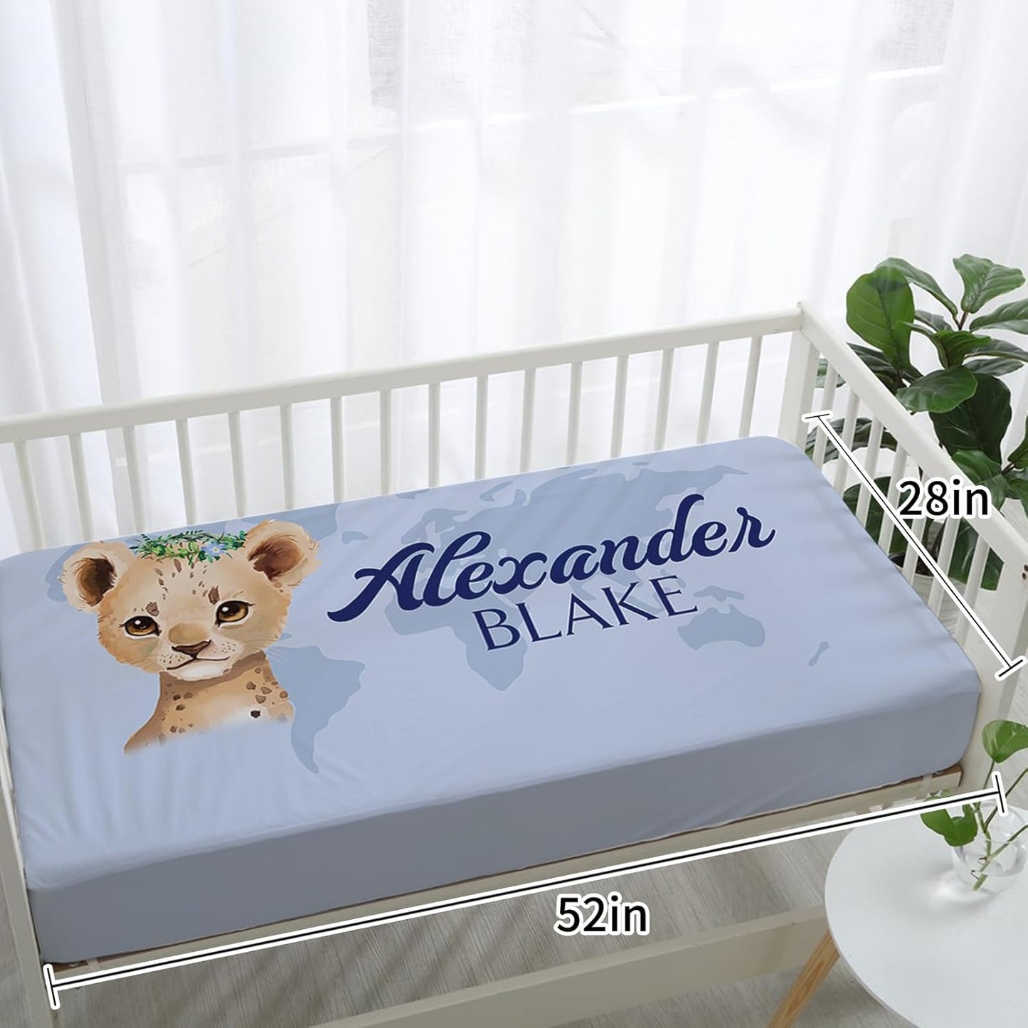 Personalized Baby Crib Bedding Set for Baby Boys Girls, Blue Leopard Pattern Custom Name Baby Crib Sets 5-Pcs, Toddler Double Layer Blanket Fitted Sheets Changing Pad Cover Rug Wall Art Set