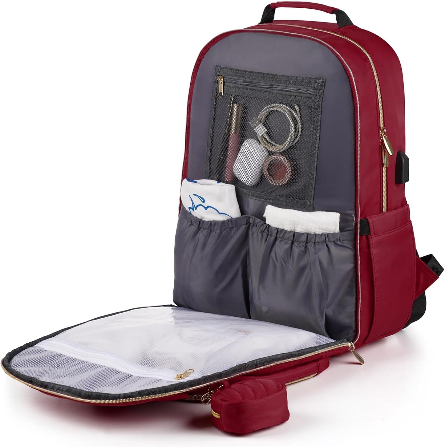 MOMUVO Diaper Backpack for Women Large Capacity with Insulated Pockets Diaper Bags For Baby,Burgundy