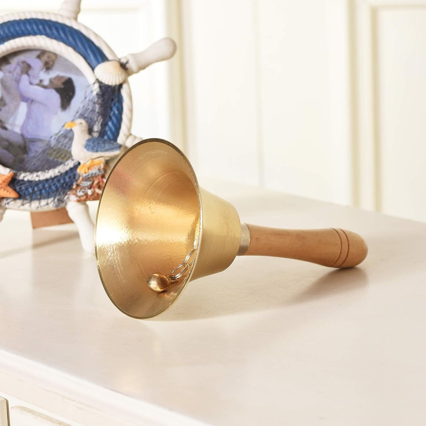 Extra Loud Solid Brass Hand Call Bell with Wooden Handle