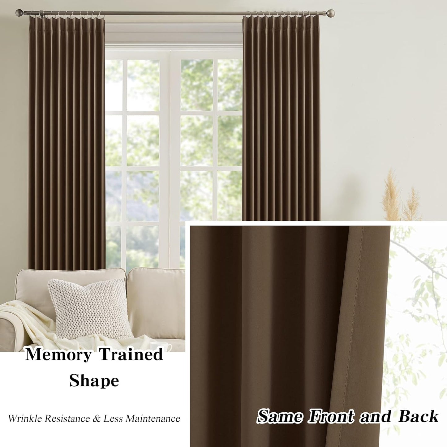 Brown Blackout Curtains 120 Inches Long 10 feet Tall, Extra Long Pinch Pleats Living Room Curtains Thermal Pleated Curtains Panels Drapery for Home, Hotel, Office, 40" W x 120" L, Set of 2