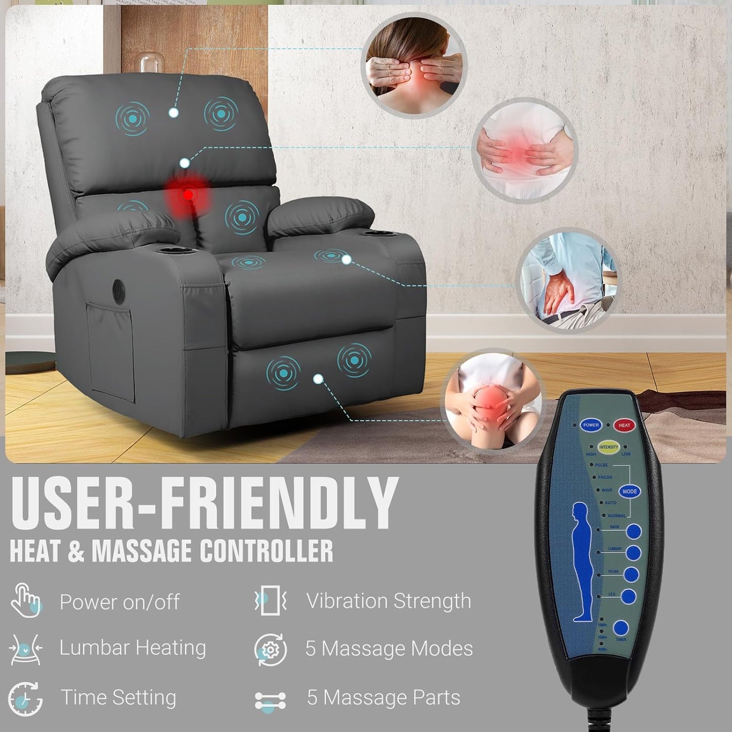 Rocking Recliner Chair, Massage Rocker Recliner Chair with Vibration Massage and Heat, USB and Type-C Ports,360° Swivel Faux Leather Chairs, Living Room, Bedroom, Nursery, RV, Dark Grey
