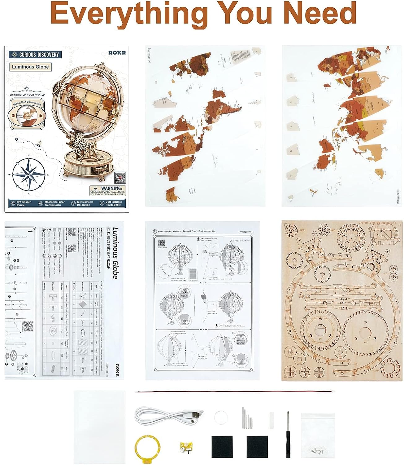 ROKR 3D Wooden Puzzles for Adults Illuminated Globe with Stand 180pcs 3D Puzzles Built-in LED Model Kit Hobby Gifts for Adults/Teens Home Decor