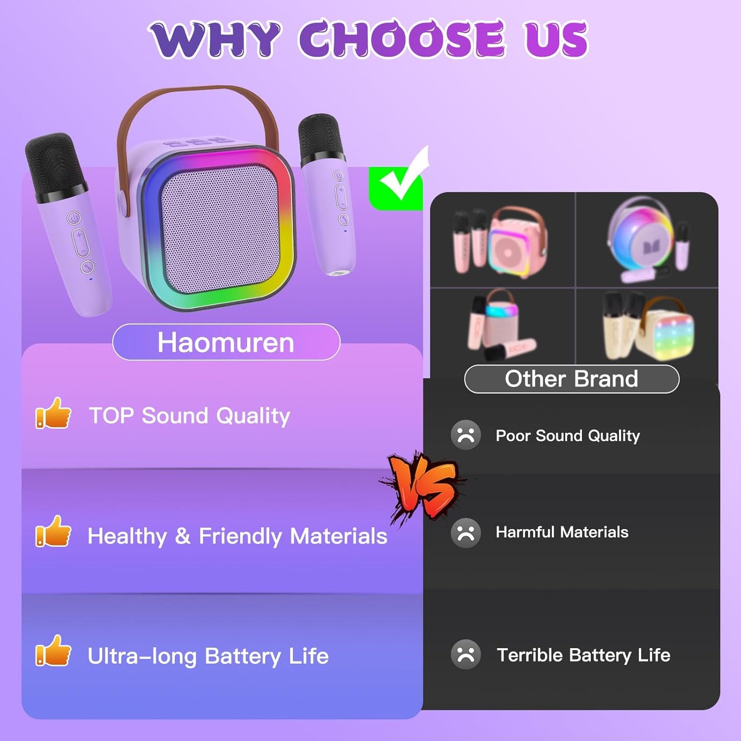 Mini Karaoke Machine for Kids, Haomuren Portable Speaker with 2 Wireless Microphones, Christmas Birthday Gifts Girl Singing Karaoke Machine for 3-12+ Year Old, 2025 Karaoke Gifts for Girls (Purple)