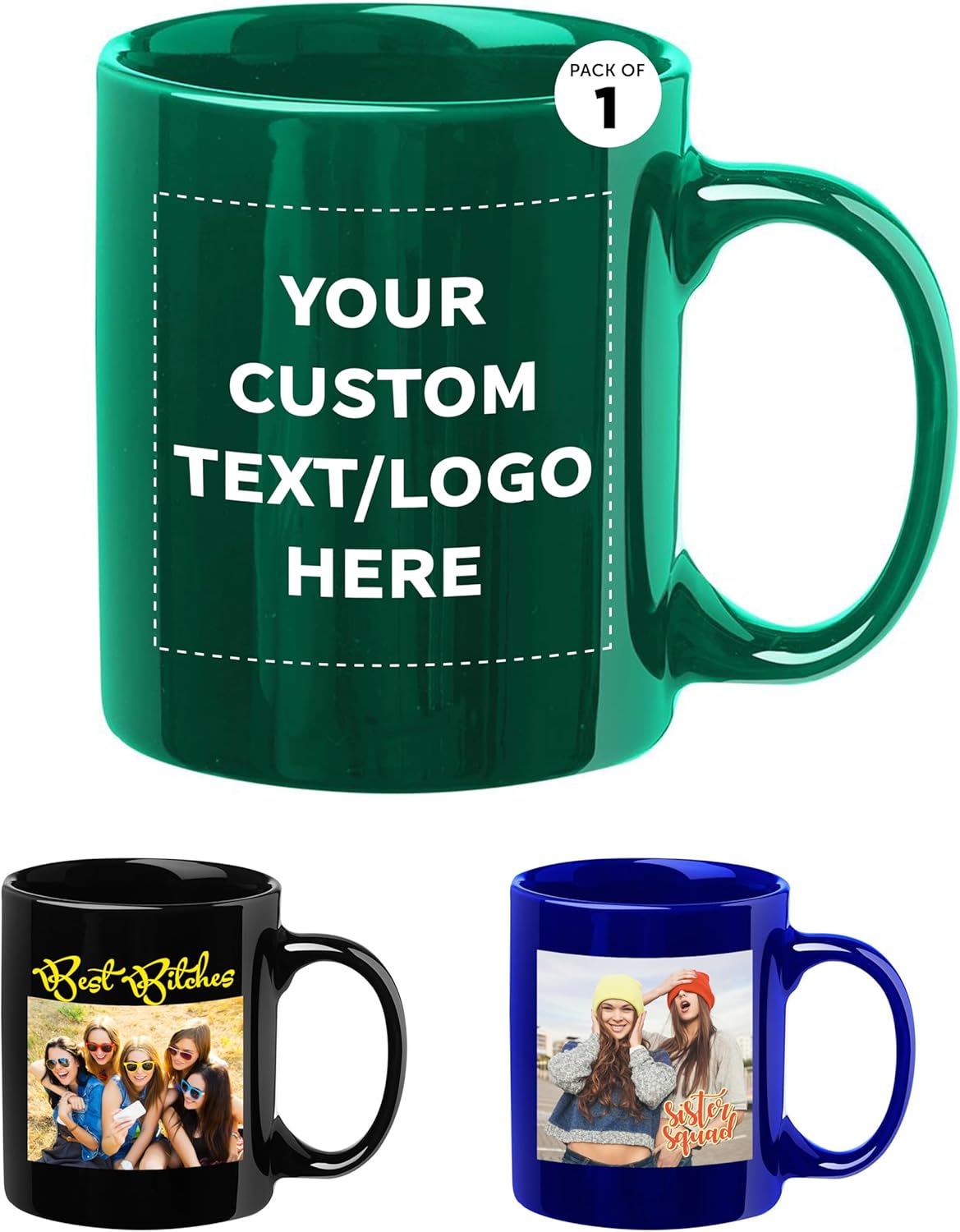Custom Ceramic Coffee Mugs 11 oz. Set of 1, Personalized Bulk Pack - Coffee cup set, Iced coffee cup, Gaming mug - Green