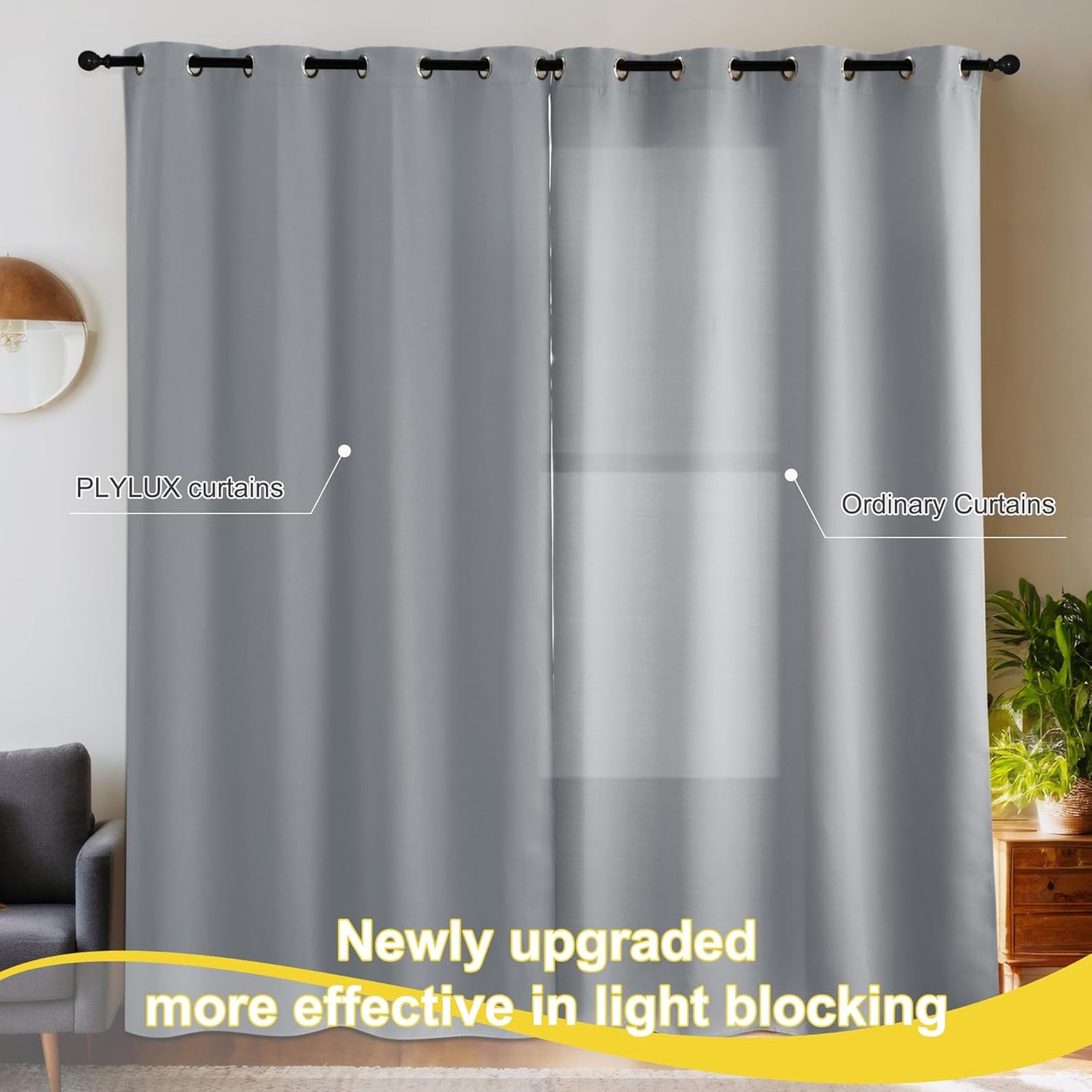 NICETOWN Grey Blackout Curtains for Bedroom 63 Inch Long - Grommet Thermal Insulated Plylux Curtains Light Block Room Darkening Window Drapes for Living Room, 2 Panels, 42 x 63 Inch, Dove Gray