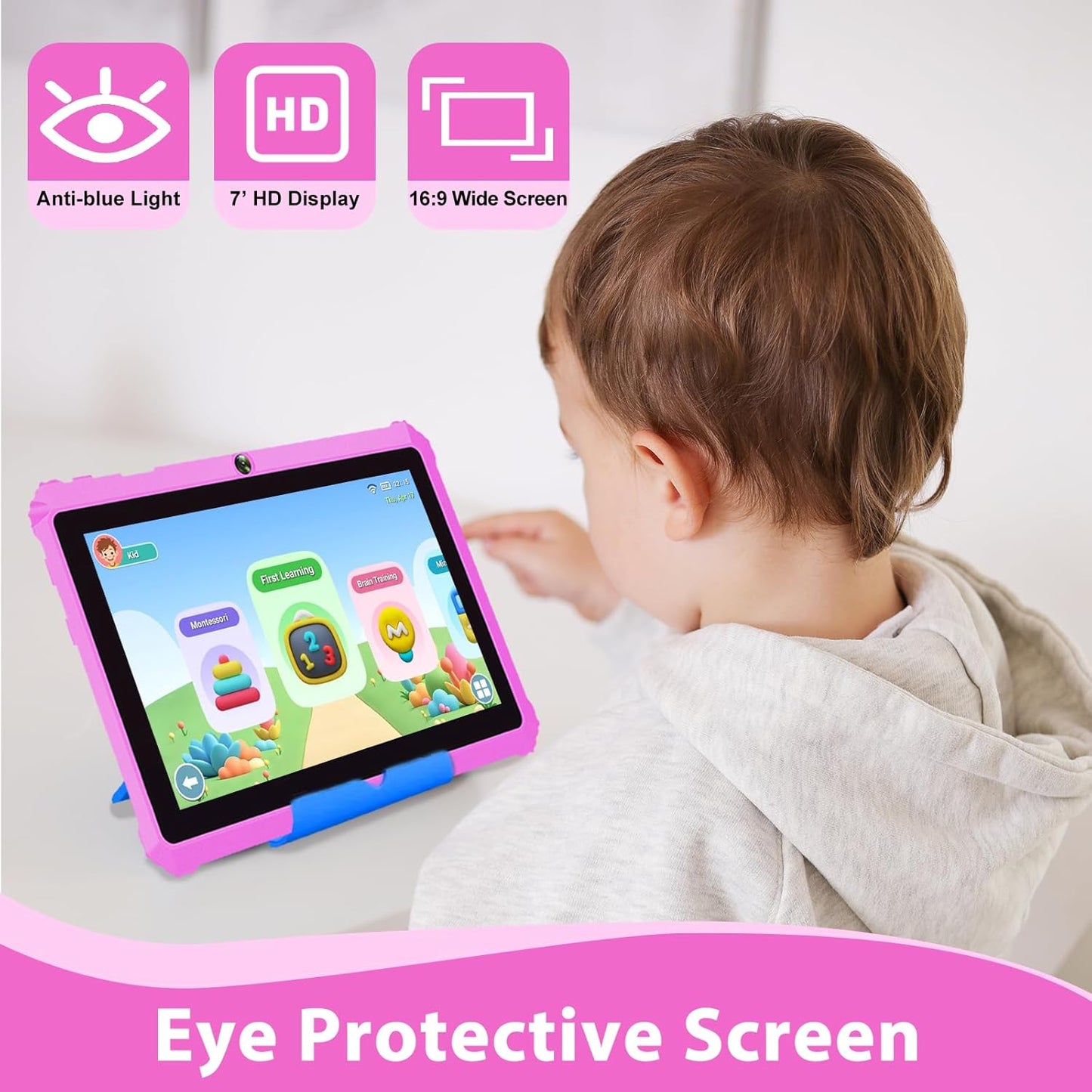 YINOCHE Kids Tablet 7 inch Toddler Tablet for Kids 3-7 32GB Android Tablets for Toddlers with Case WiFi Parental Control Dual Camera GMS Certified Toddler Learning Tablets for Children (Pink)