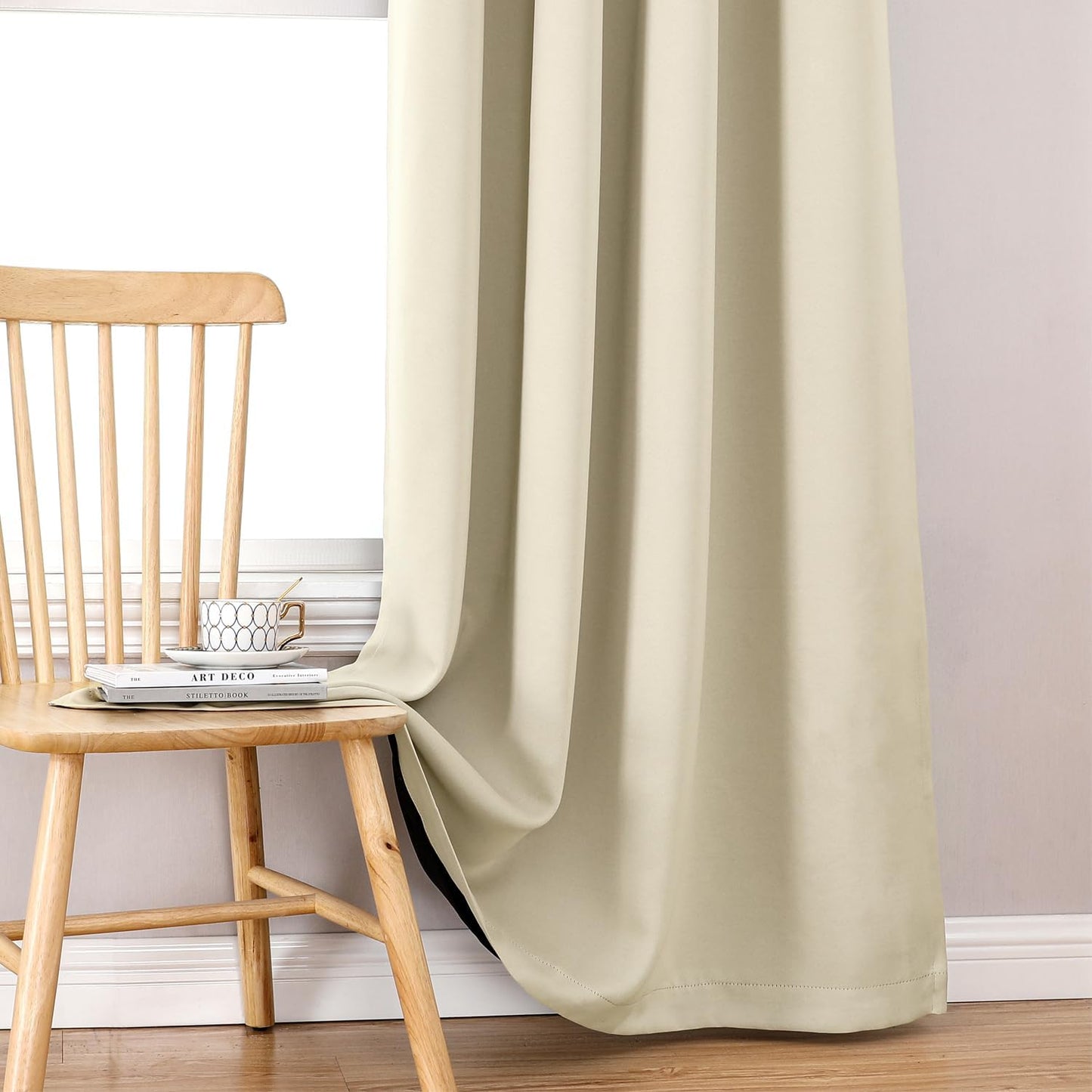 ChrisDowa 100% Blackout Curtains 63 inch Long for Bedroom with Black Liner, Extra Wide 2 Thick Layers Total Blackout Thermal Insulated Grommet Window Curtains 2 Panels Set (Light Beige, 60 x 63 Inch)