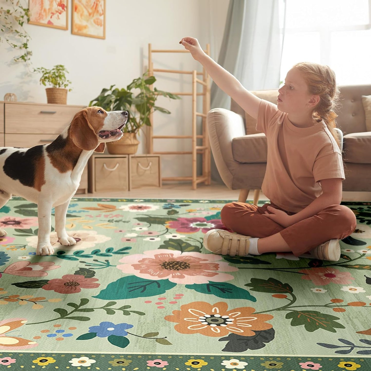 Floral 6x9 Area Rug Machine Washable Soft Print Boho Carpet Non Slip Doormat Low Pile Flower Area Rugs for Living Room Bedroom Nursery Kitchen Dining Room Indoor-Light Green