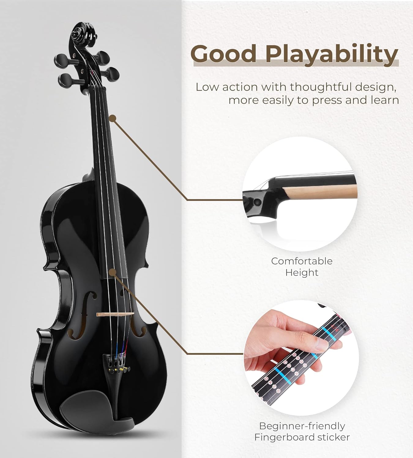 Vangoa 4/4 Full Size Beginner Violin Set, Acoustic Violin for Adults, Teens and Children over 11, Violin Beginner Set (with Hard Case, Rosin, Shoulder Rest, Bow, Spare Strings, Mutes and Black Set)