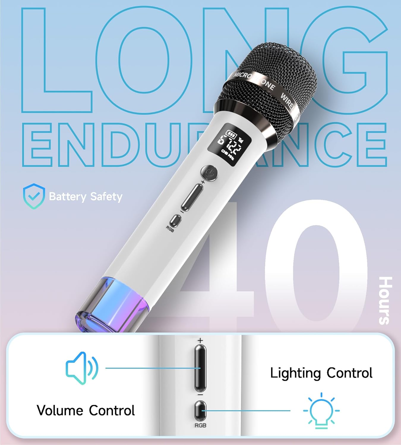 Wireless Microphones, Microphone with One-to-One Chip Connection and LED Lights, 40H Duration, 200FT Range Receiving, Volume Control Karaoke Microphone for Singing, Speech, Home Party, YouTube/TikTok