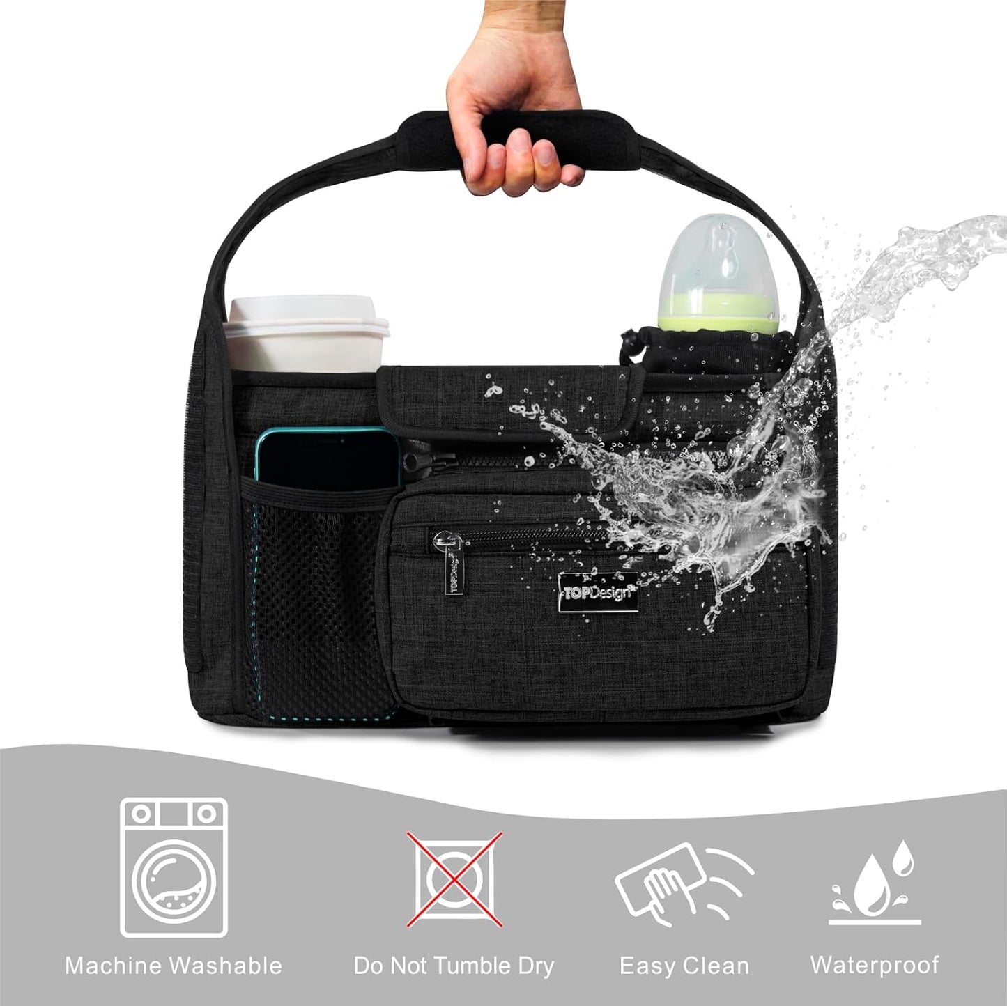 TOPDesign Universal Baby Stroller Organizer, Stroller Caddy with Detachable Mesh Bag & Heightened Insulated Cup Holders & Non-Slip Secure Hooks Accessories, Fits Most Strollers (Dogs)