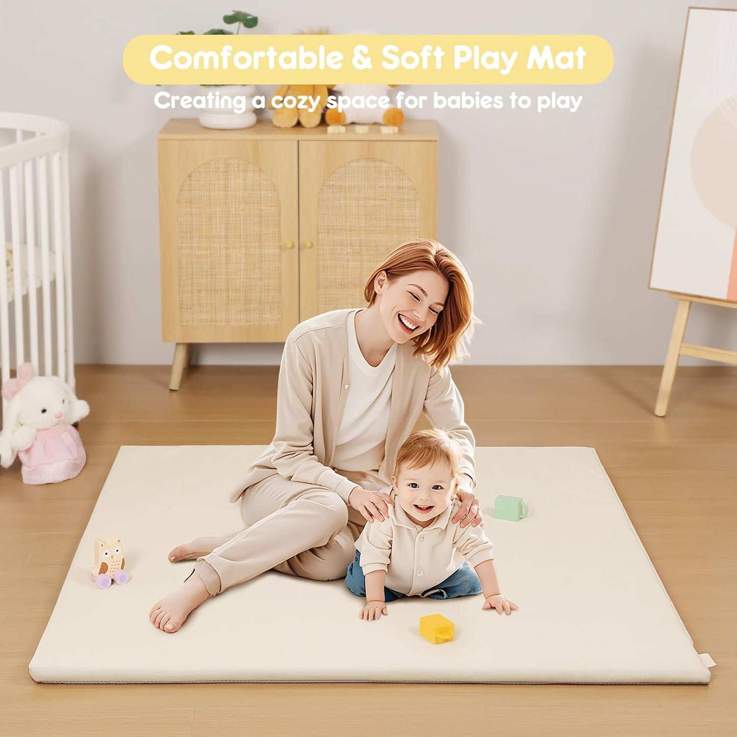 Padded Baby Play Mat, Super Soft Vegan Leather Floor Mat for Baby Girls and Boys, 48x48 Non-Slip Thick Foam Cushioned Play Mat for Babies 6-12 Months, Fits Nicely Into 50x50 Playpen Mat, Beige