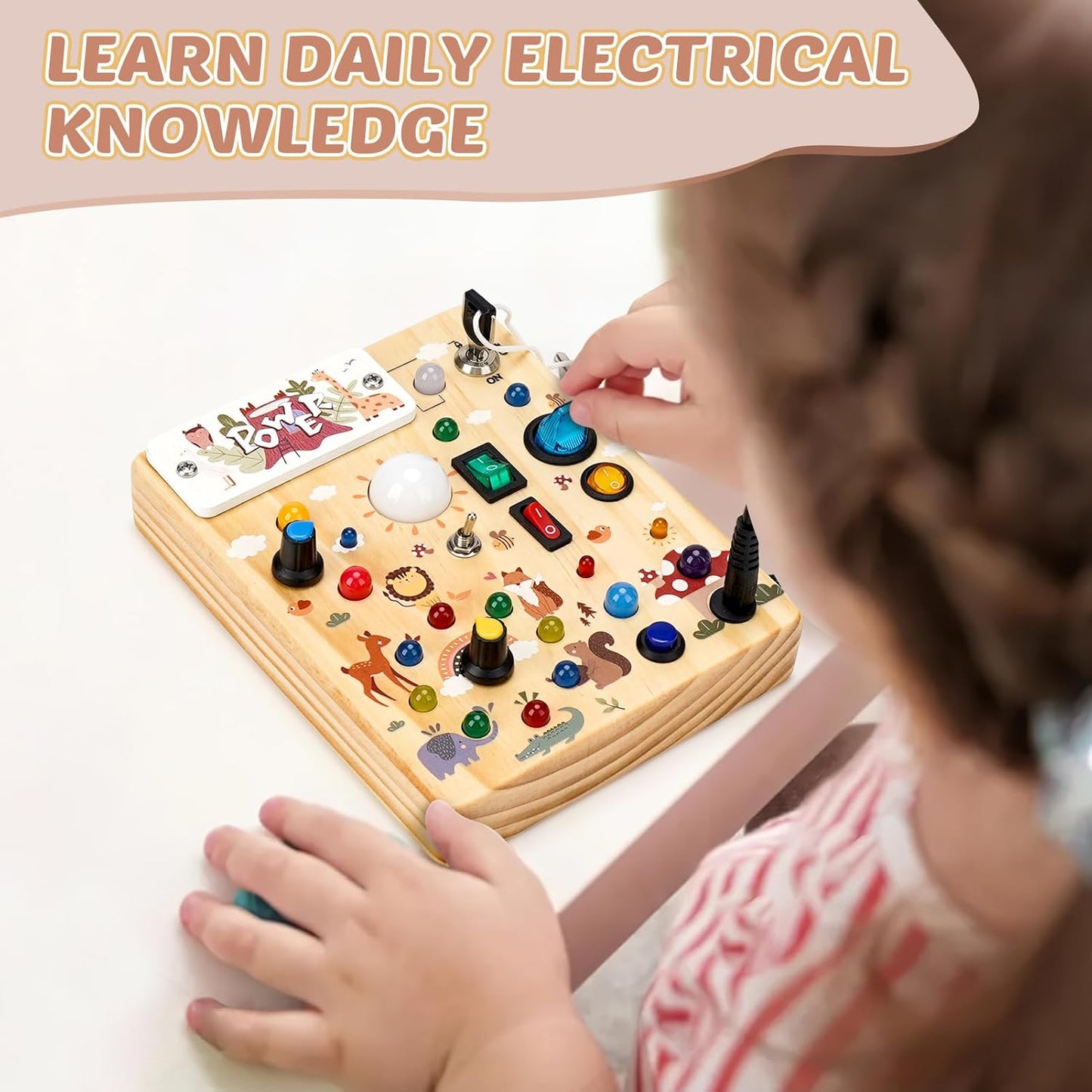 Joyreal Wooden Busy Board with LED Light, Montessori Toddler Toys, Wooden Sensory Board, Toddlers Activity Travel Toys for Boy & Girl Birthday Gift (Forest Theme)