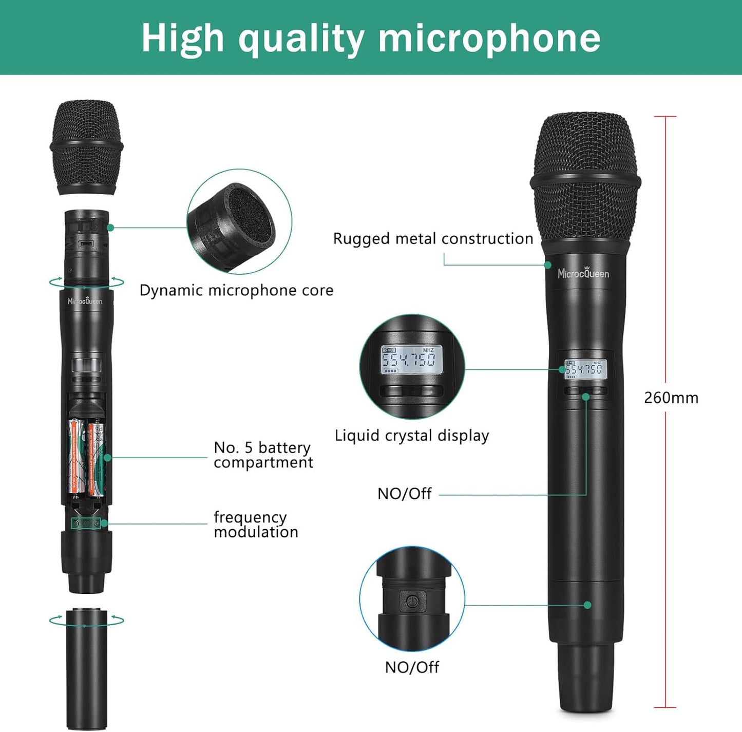 Professional UHF Wireless Microphone System, Dual Channel 530–580MHz with 2 Metal Handheld Mics, Multi-Channel UHF System, 500FT Range, for Karaoke, Meeting, Party