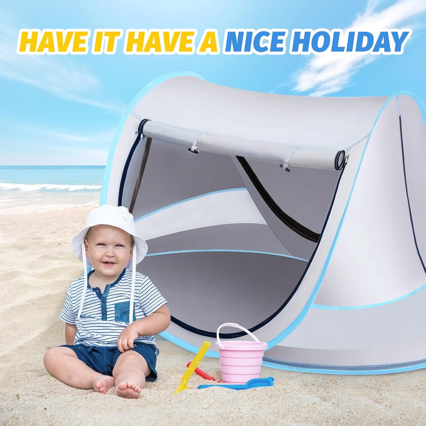 Baby Beach Tent with Baby Hat, Pop Up Toddler Travel Bed with Sun Hat for Boys or Girls, Sun Shade for Toddler Camping, Infant Portable Sun Shade, Summer Beach Baby