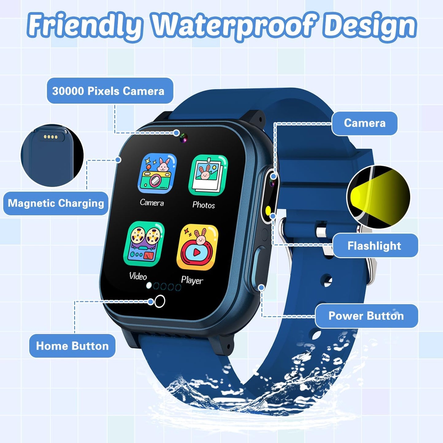 Waterproof Smart Watch for Kids Toys for Boys Age 5-12 with 32 Games, Dual Camera, Habit Tracking, Music Player, Video, Alarm Clock, HD Touchscreen Kids Smart Watch Birthday Gift for 3-12 Year Old